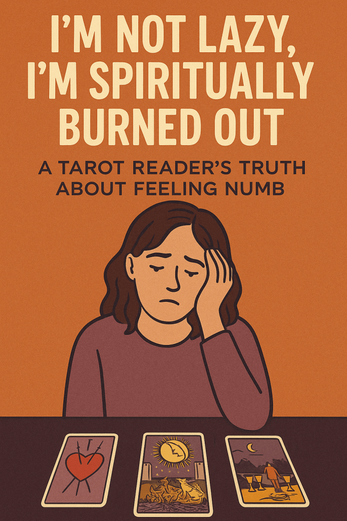 Illustration of a tired woman holding her head in her hand, sitting in front of tarot cards including the Three of Swords, the Moon, and the Eight of Cups. Text reads “I’m Not Lazy, I’m Spiritually Burned Out: A Tarot Reader’s Truth About Feeling Numb.”
