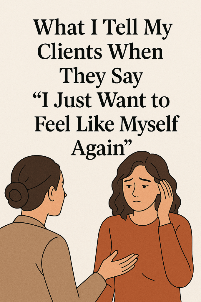 Illustration of a woman holding her head, looking emotionally overwhelmed, while another woman offers support. Visual representation of emotional burnout and the desire to reconnect with oneself.

