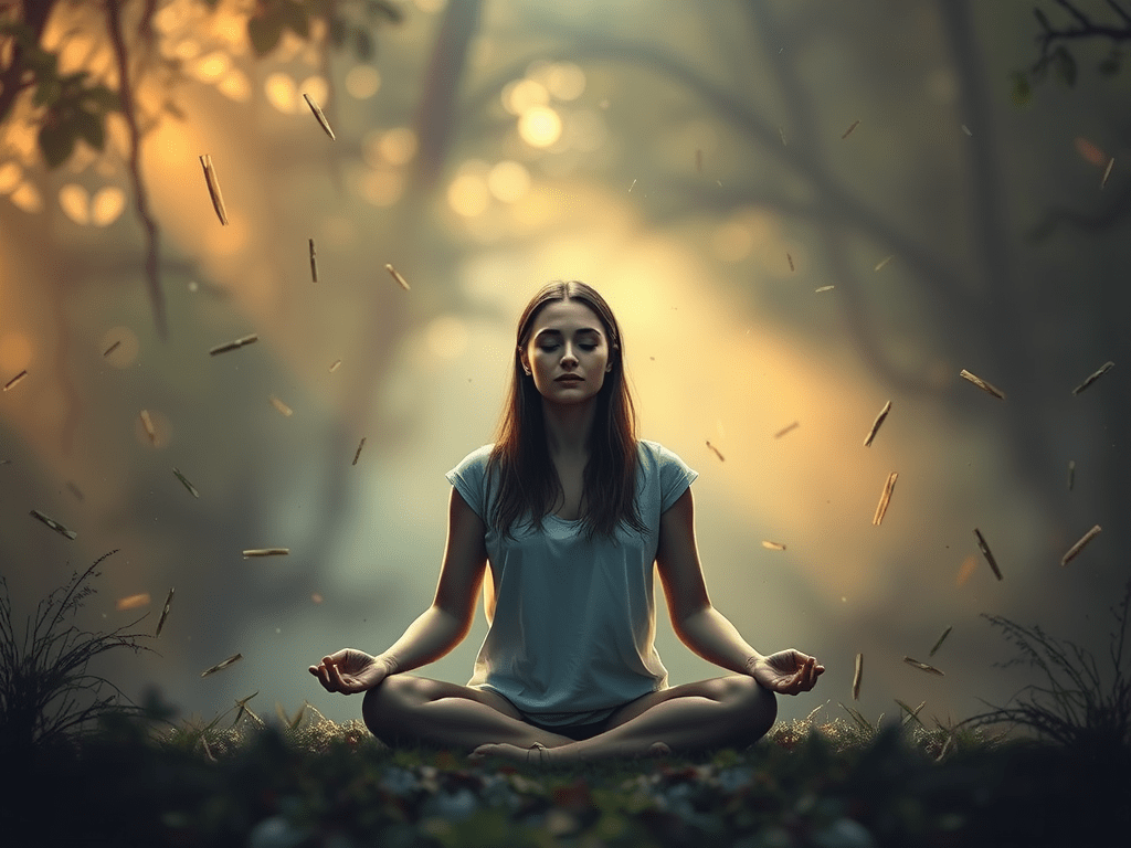 A woman meditating in a forest surrounded by floating twigs and debris, representing a mental storm of anxiety and thoughts during spiritual stillness.